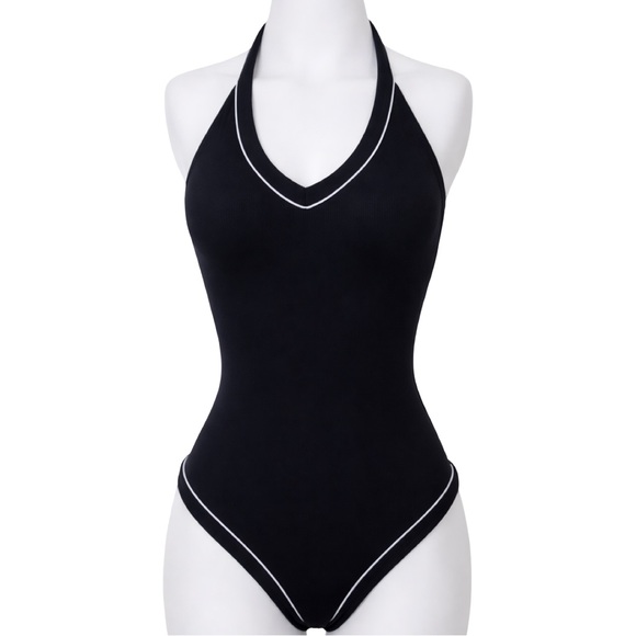 Versace 1990s Black Halter One-Piece Swimsuit White Piping US 8 IT 42 - Picture 3 of 13